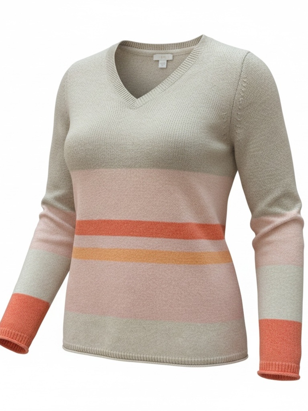 J. Jill V-Neck Stripe Sweater - Light Gray, Pink, Coral & Gold